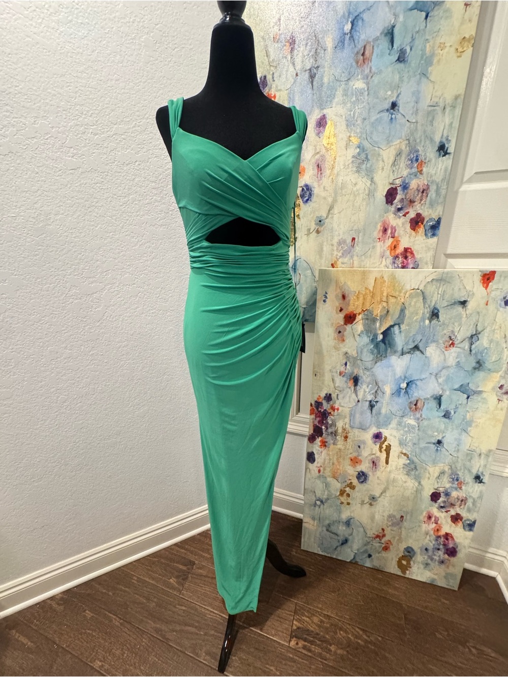 NWT Mac Duggal Sz 2 Green Sleeveless Cutout Ruched Jersey Maxi High Slit